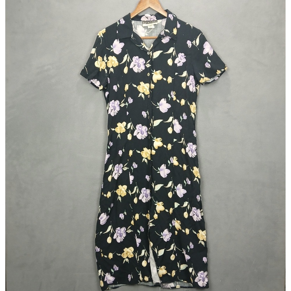 Notations Shirt Dress Womens Large Petite Black Floral Print Rayon Button Front